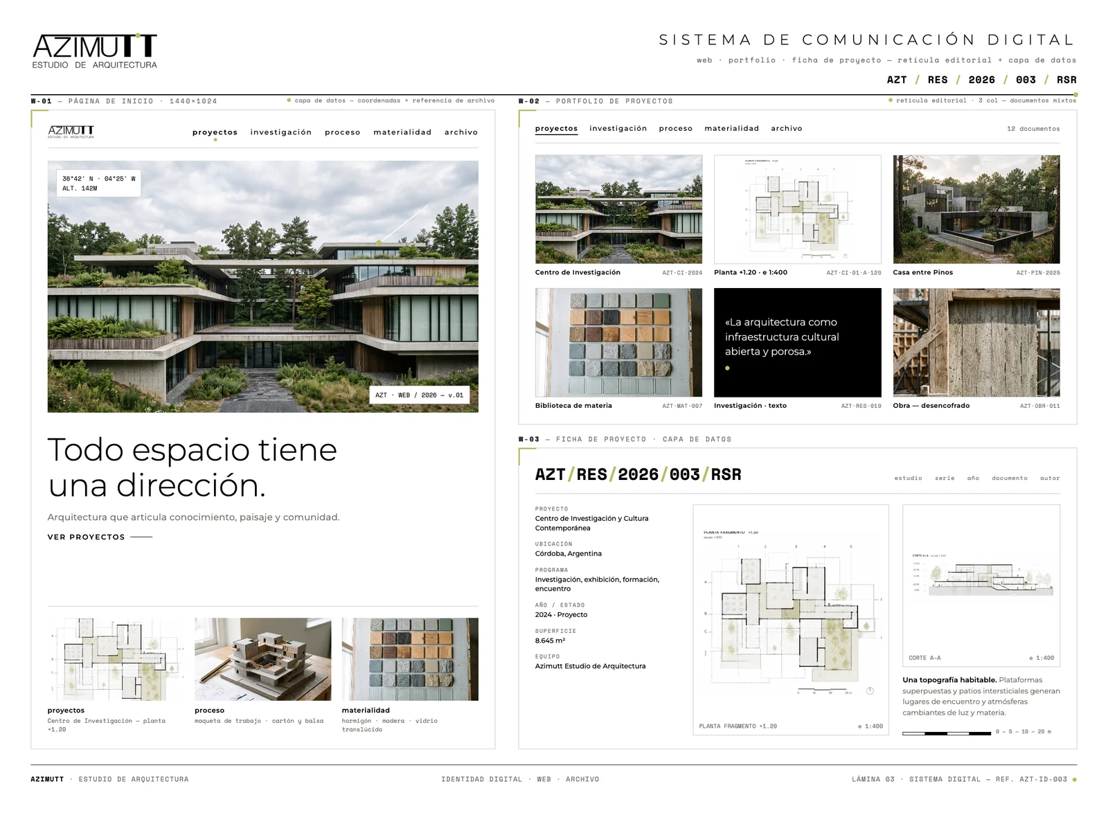 Lámina del sistema digital de Azimutt: página de inicio, portfolio y ficha de proyecto