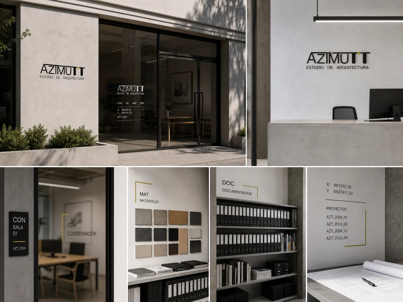 Lámina de señalética del estudio Azimutt: fachada, recepción y códigos de sala