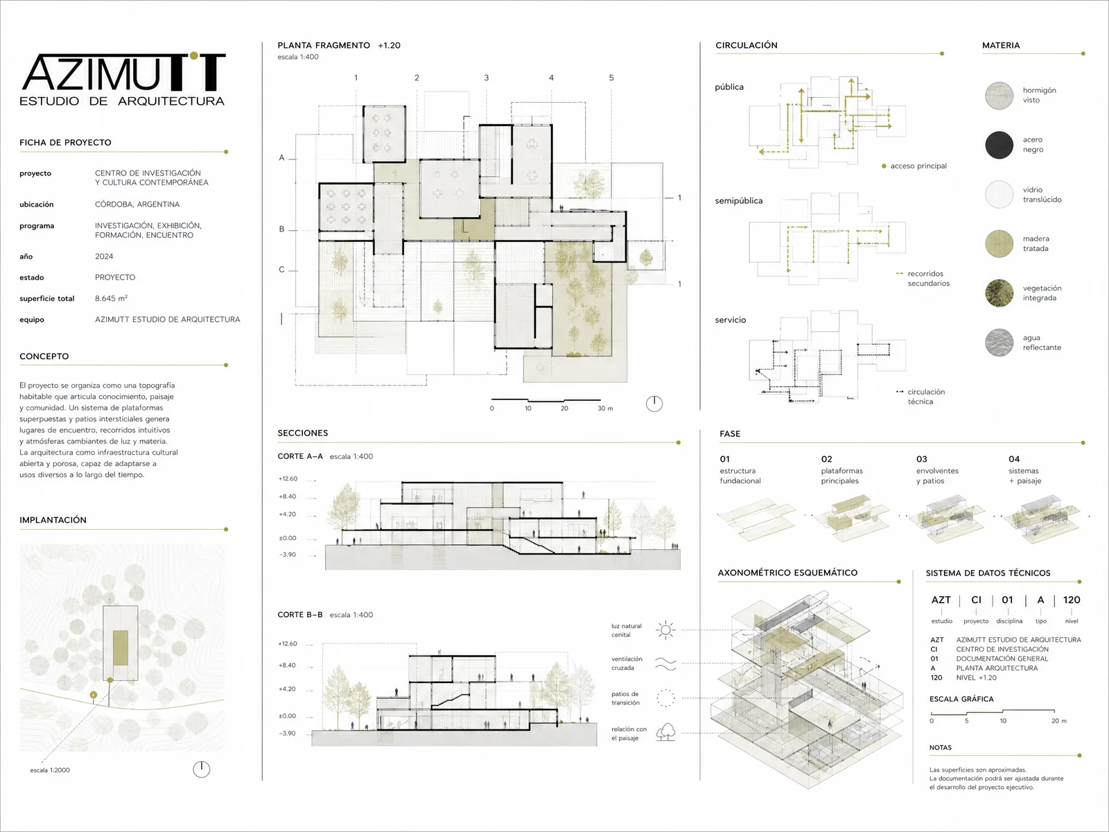 Lámina de documentación del Centro de Investigación: planta, cortes, circulación y materia