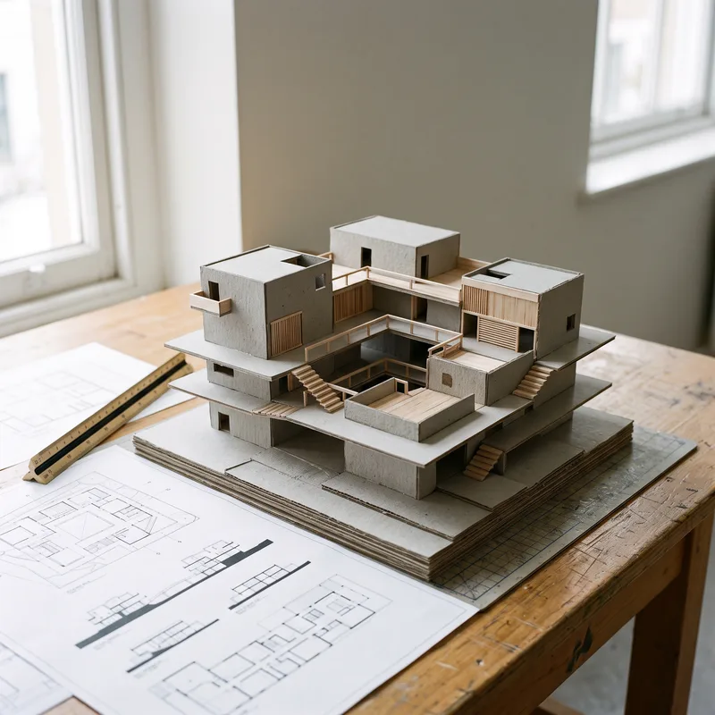 Maqueta de trabajo en cartón y madera sobre la mesa del estudio
