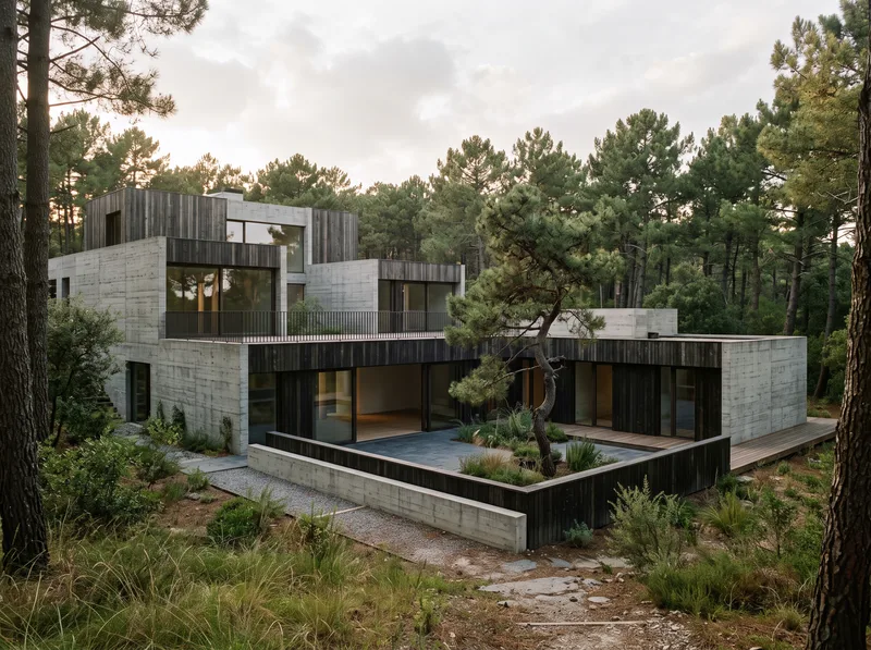 Casa entre Pinos: volúmenes de hormigón y madera con patio central