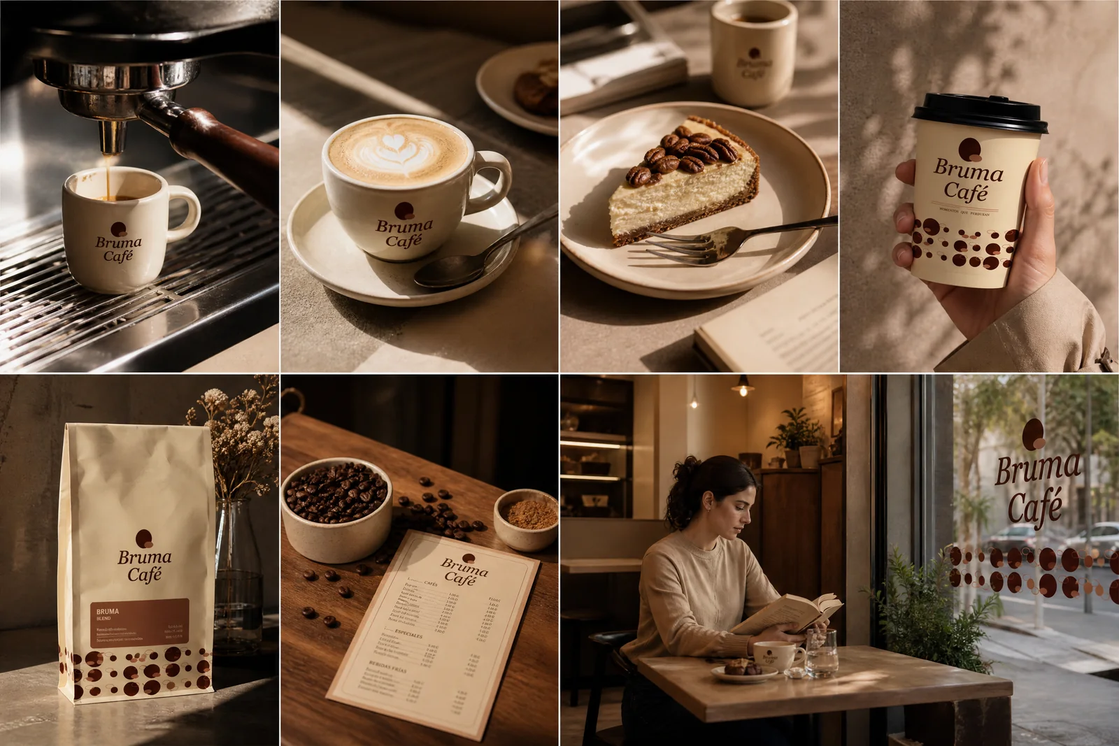 Fotografías de la campaña de Bruma Café: espresso, tartas, lectura y el vaso en la mano
