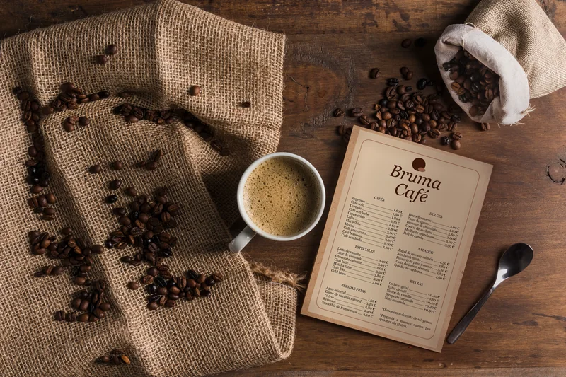 La carta de Bruma Café sobre una mesa con café y granos