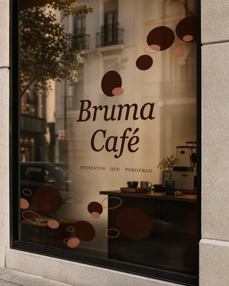 Escaparate de Bruma Café con vinilos del patrón sobre el cristal