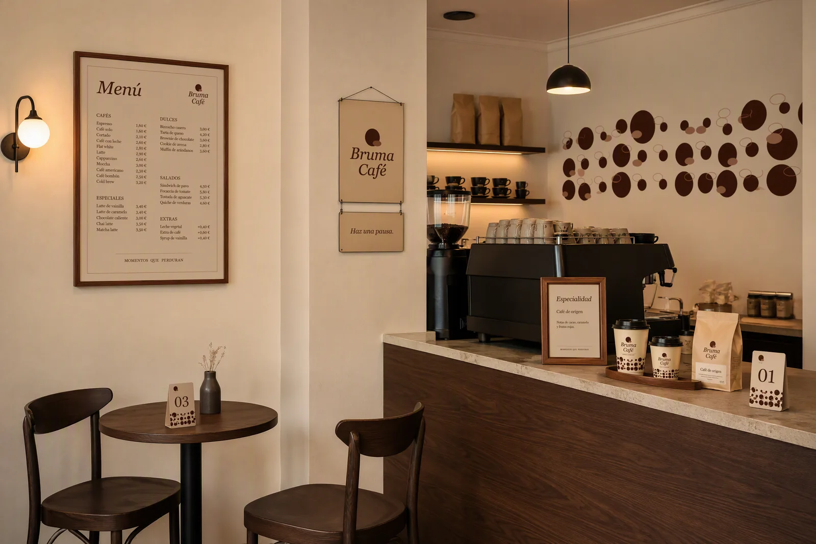 Interior de Bruma Café con la señalética de la marca