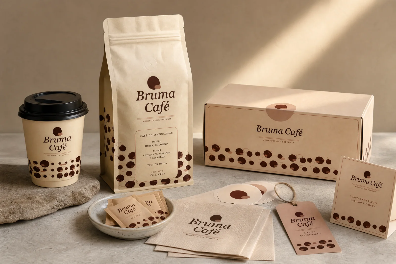 Familia de packaging de Bruma Café: bolsa de café, vaso, caja y etiquetas