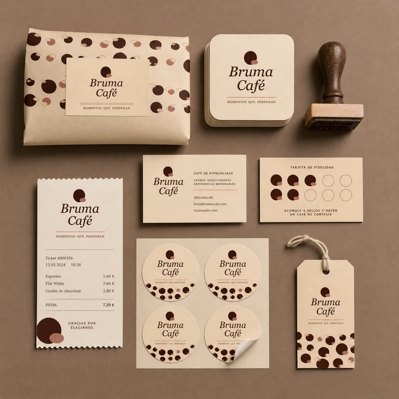 Papelería de Bruma Café: tarjetas, tickets y pequeños elementos de marca